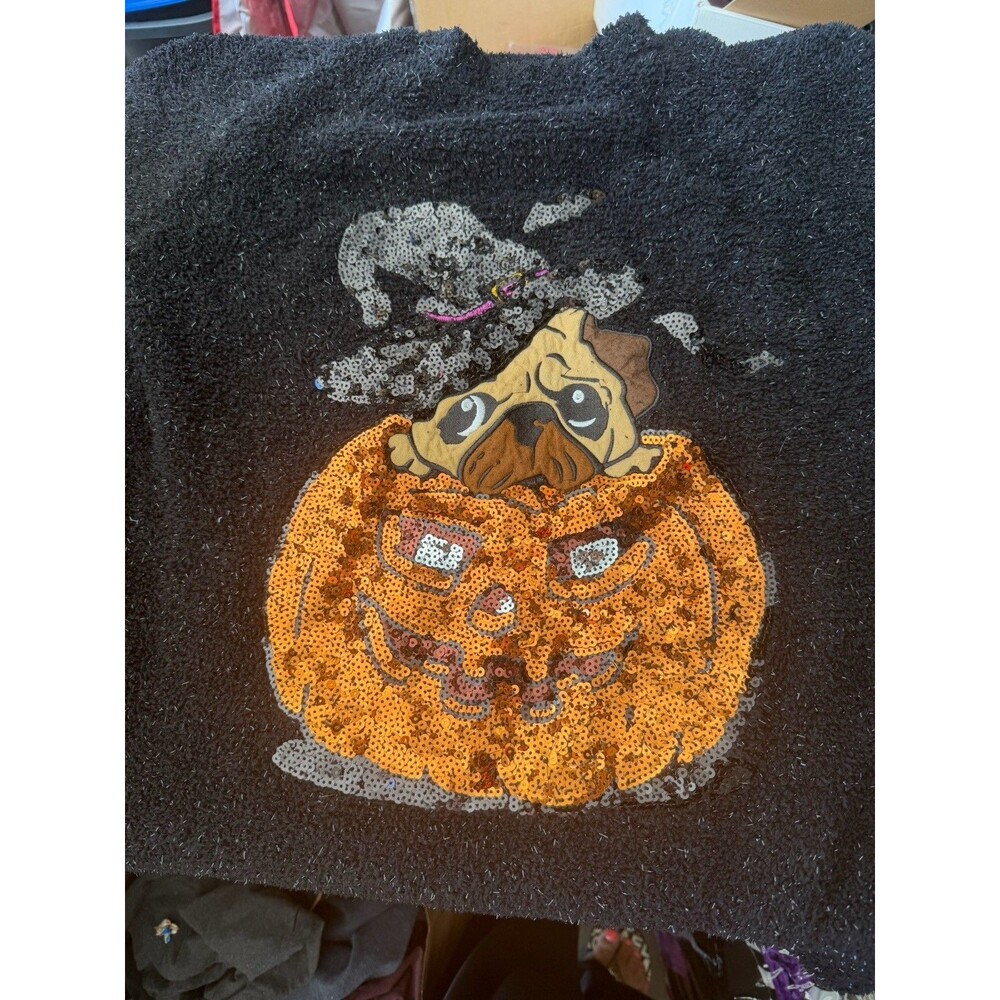 POOF Halloween Pug Pumpkin Bats Sequin Fuzzy Black Sweater Top Size L Sparkly